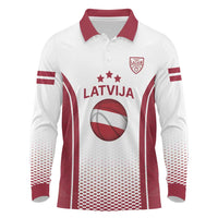 Latvia Basketball Custom Long Sleeve Polo Shirt White Latvian Pattern