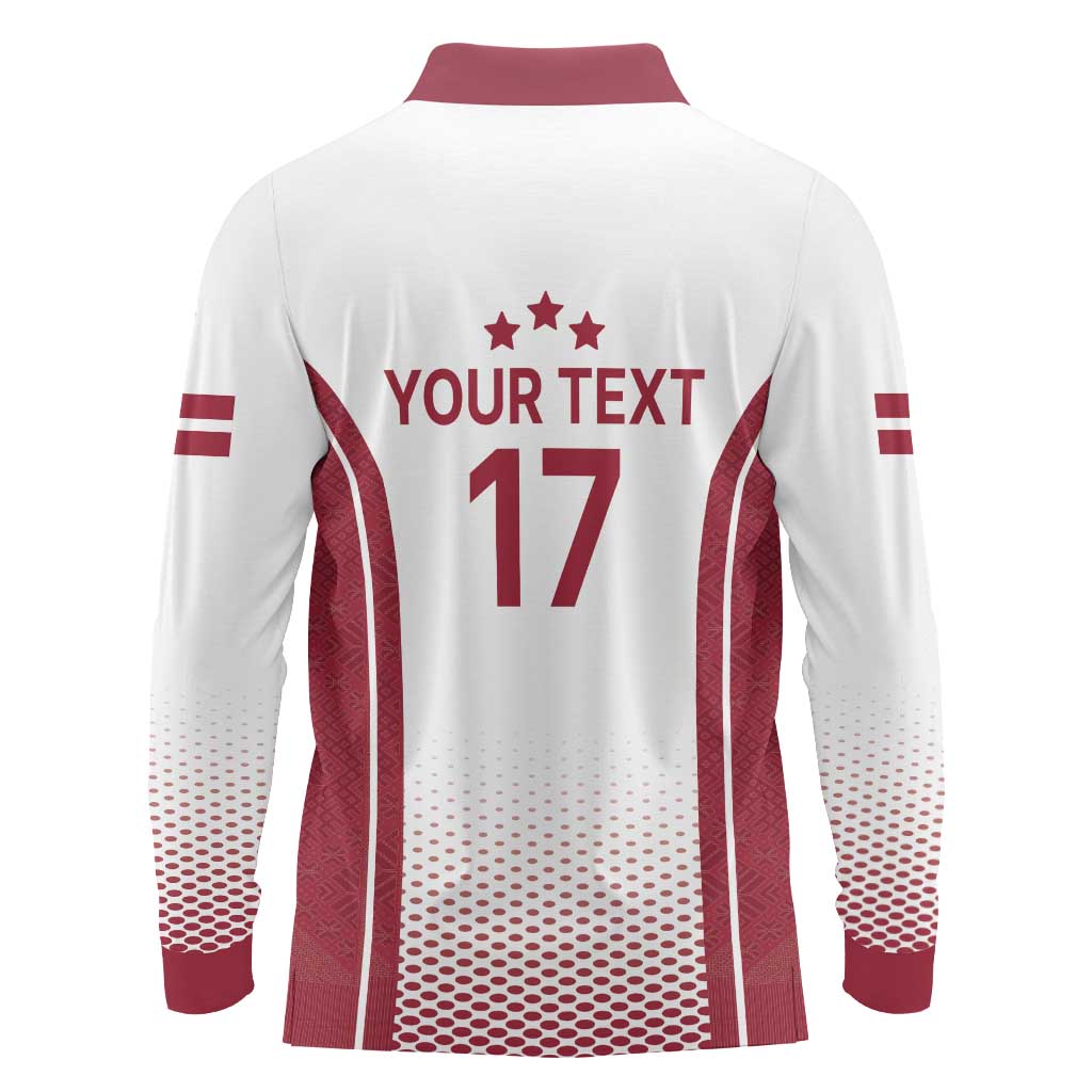 Latvia Basketball Custom Long Sleeve Polo Shirt White Latvian Pattern
