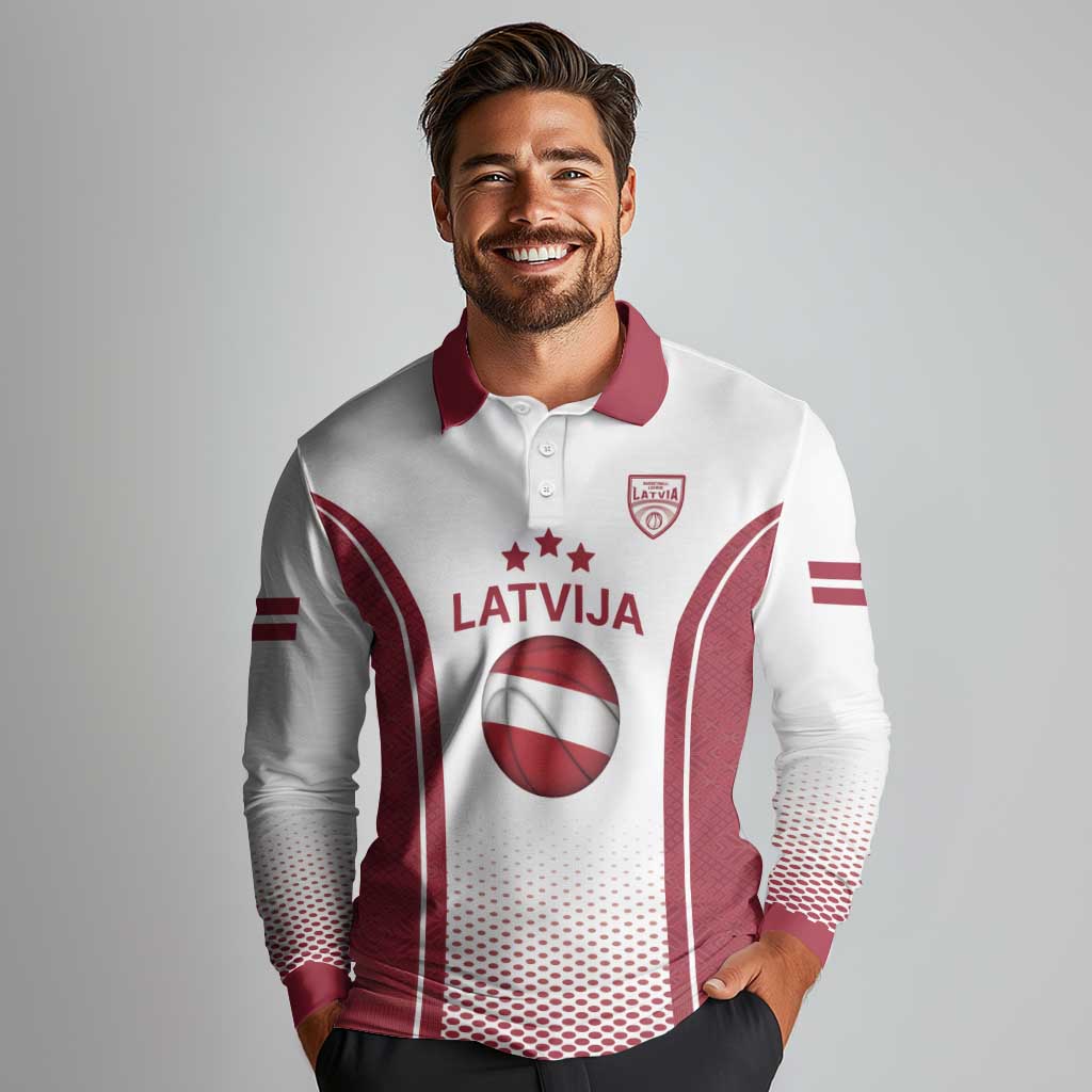 Latvia Basketball Custom Long Sleeve Polo Shirt White Latvian Pattern