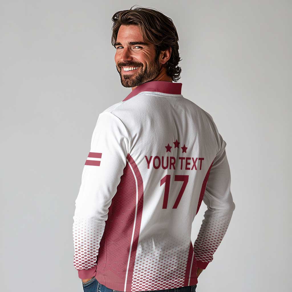 Latvia Basketball Custom Long Sleeve Polo Shirt White Latvian Pattern