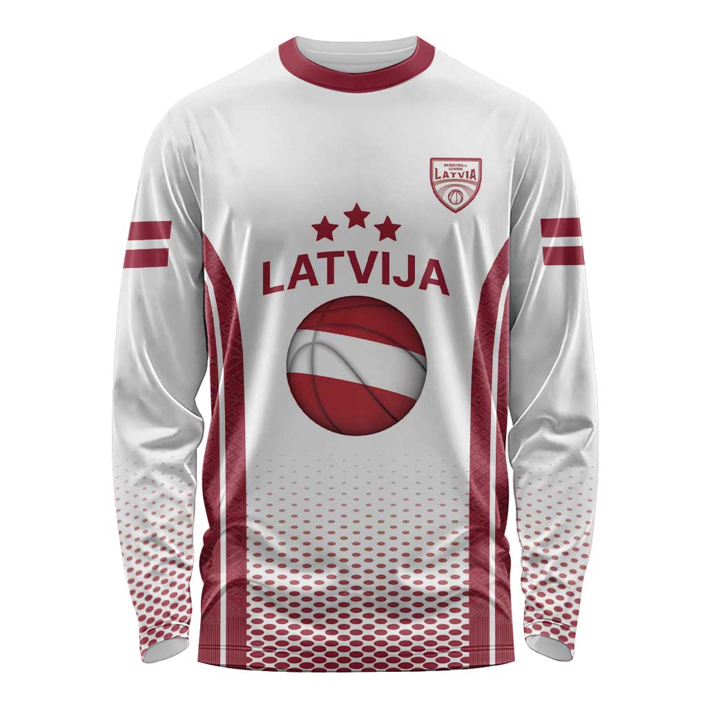Latvia Basketball Custom Long Sleeve Shirt White Latvian Pattern