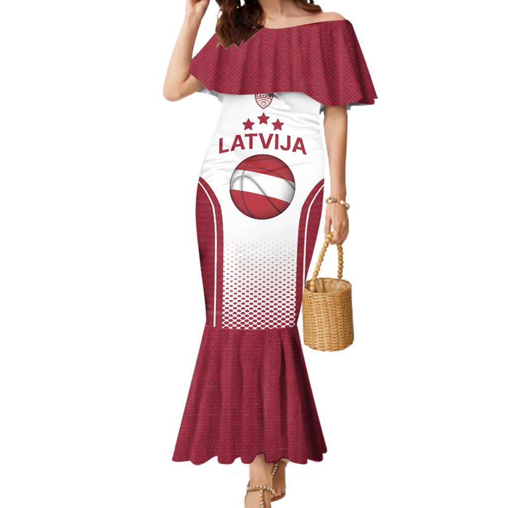 Latvia Basketball Custom Mermaid Dress White Latvian Pattern