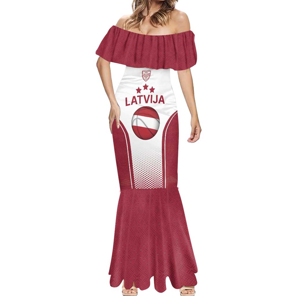 Latvia Basketball Custom Mermaid Dress White Latvian Pattern