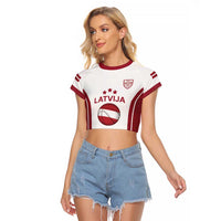 Latvia Basketball Custom Raglan Cropped T Shirt White Latvian Pattern