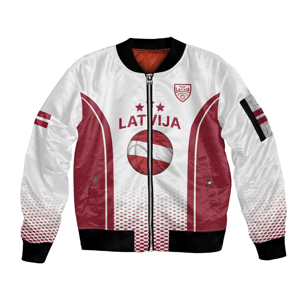 Latvia Basketball Custom Sleeve Zip Bomber Jacket White Latvian Pattern