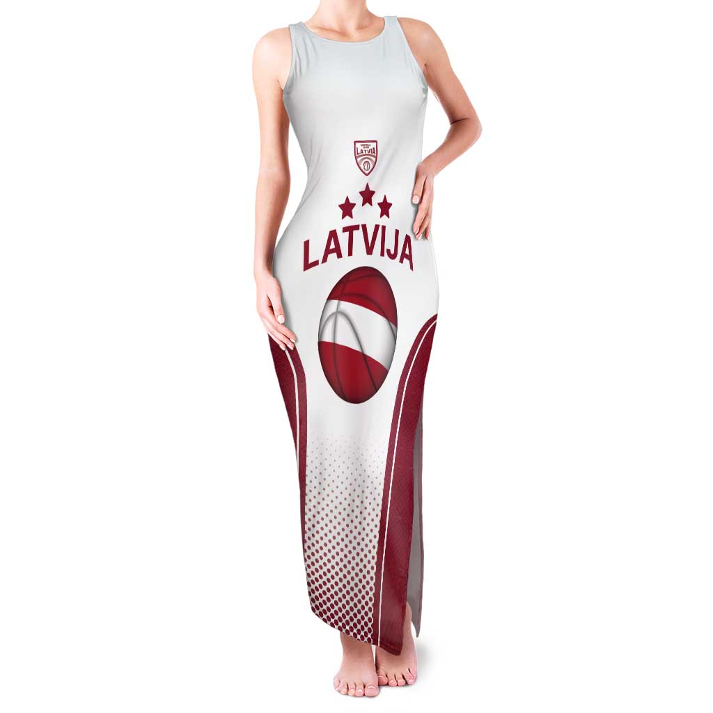 Latvia Basketball Custom Tank Maxi Dress White Latvian Pattern