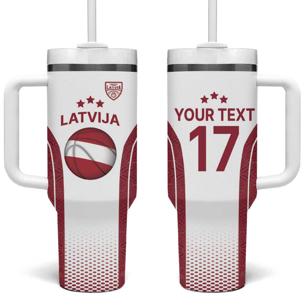 Latvia Basketball Custom Tumbler With Handle White Latvian Pattern