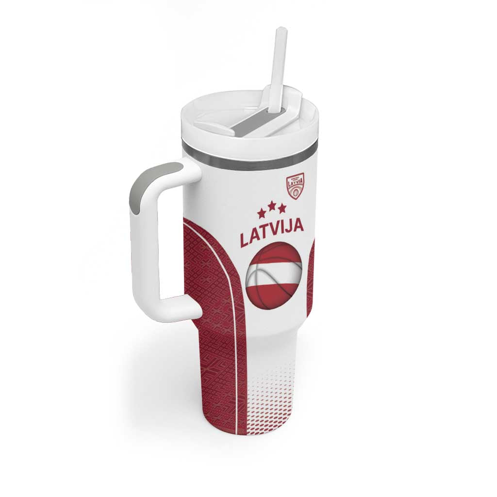 Latvia Basketball Custom Tumbler With Handle White Latvian Pattern