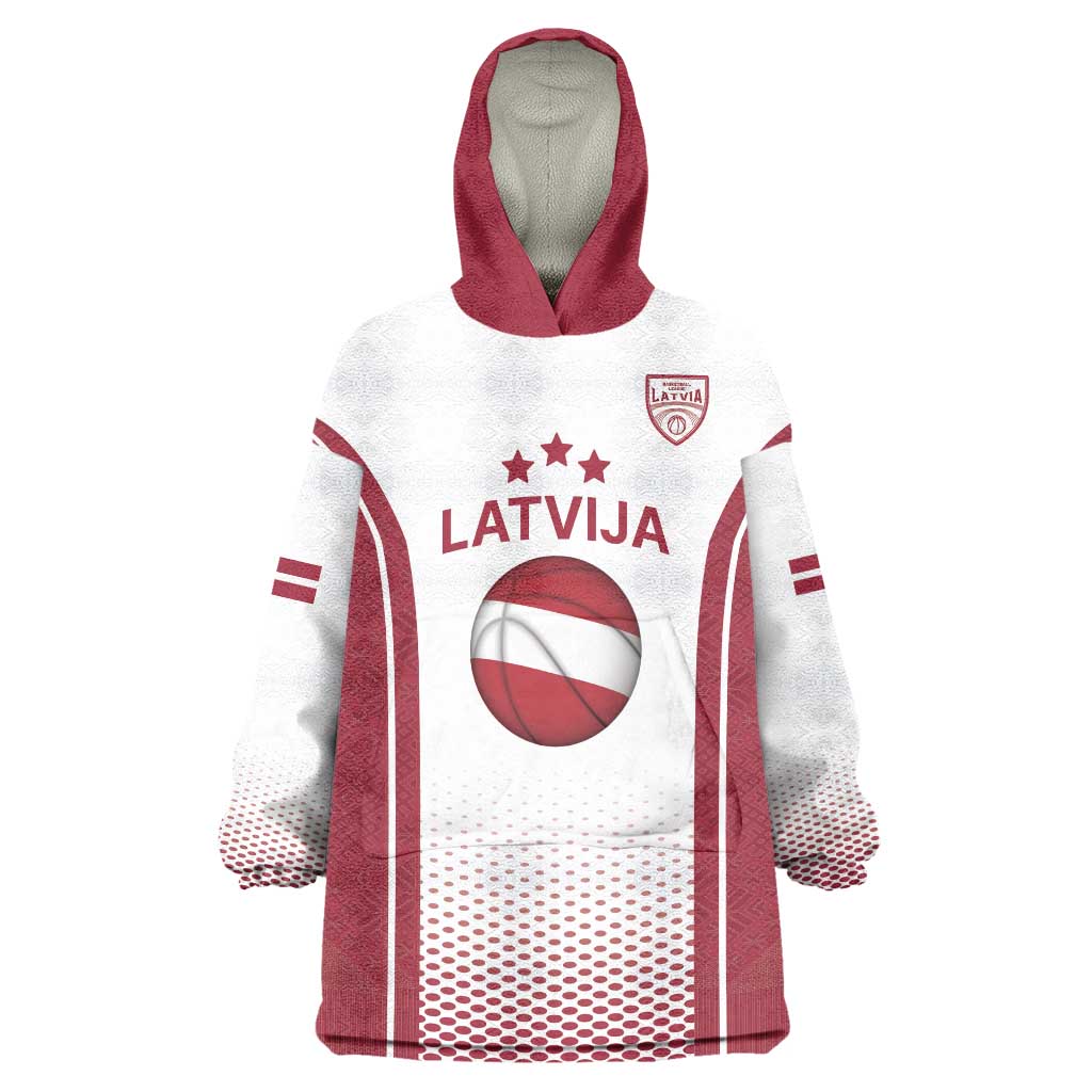 Latvia Basketball Custom Wearable Blanket Hoodie White Latvian Pattern