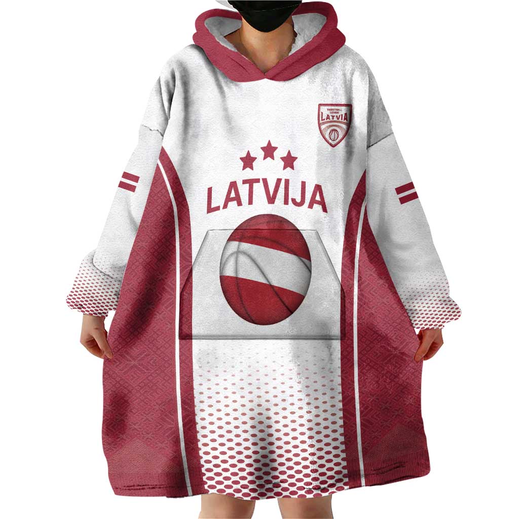Latvia Basketball Custom Wearable Blanket Hoodie White Latvian Pattern