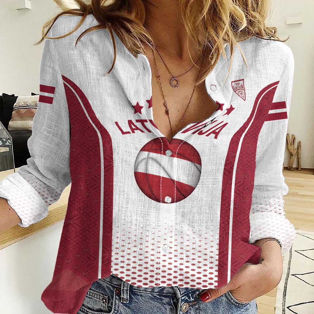 Latvia Basketball Custom Women Casual Shirt White Latvian Pattern