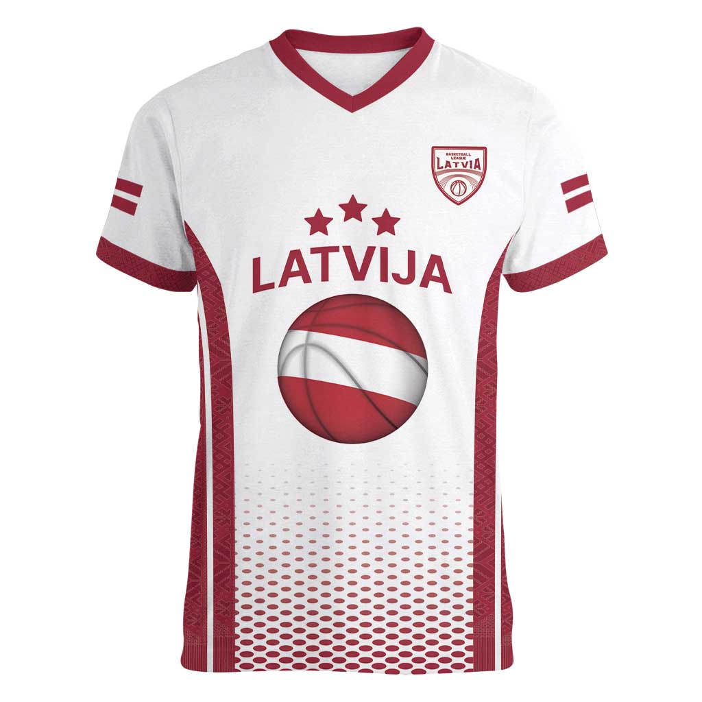 Latvia Basketball Custom Women V-Neck T-Shirt White Latvian Pattern