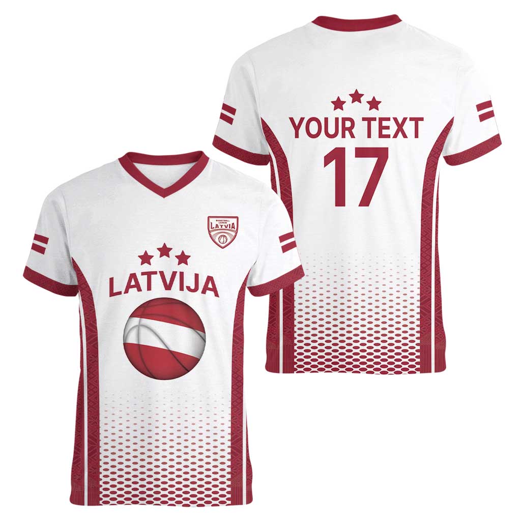 Latvia Basketball Custom Women V-Neck T-Shirt White Latvian Pattern