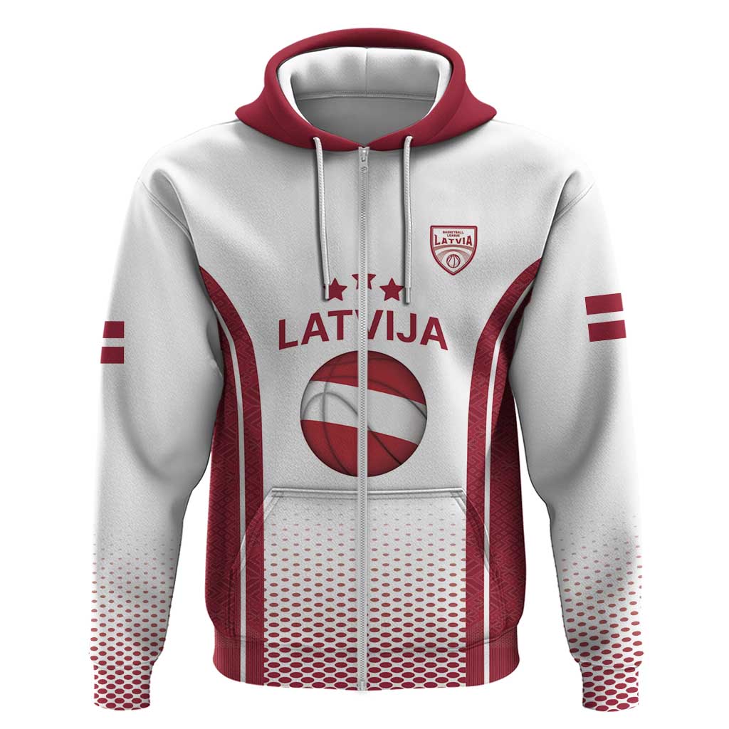 Latvia Basketball Custom Zip Hoodie White Latvian Pattern