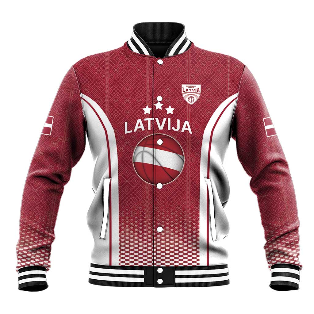 Latvia Basketball Custom Baseball Jacket Red Latvian Pattern