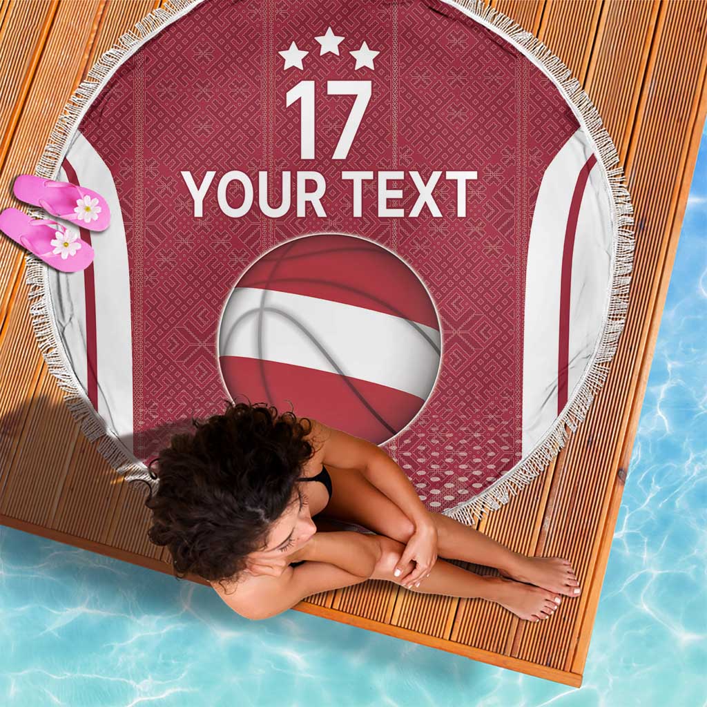 Latvia Basketball Custom Beach Blanket Red Latvian Pattern