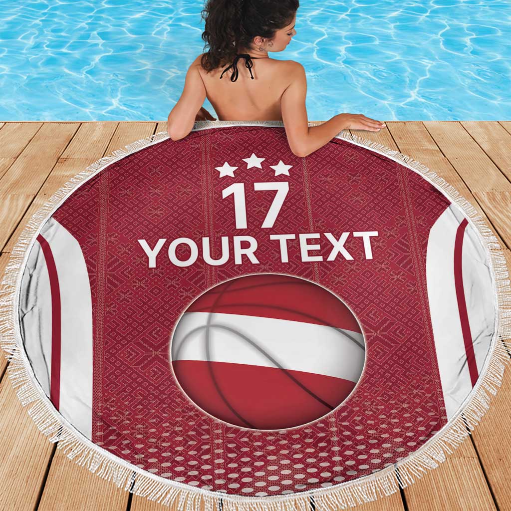 Latvia Basketball Custom Beach Blanket Red Latvian Pattern