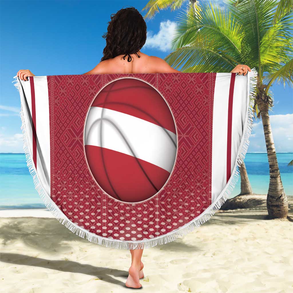 Latvia Basketball Custom Beach Blanket Red Latvian Pattern
