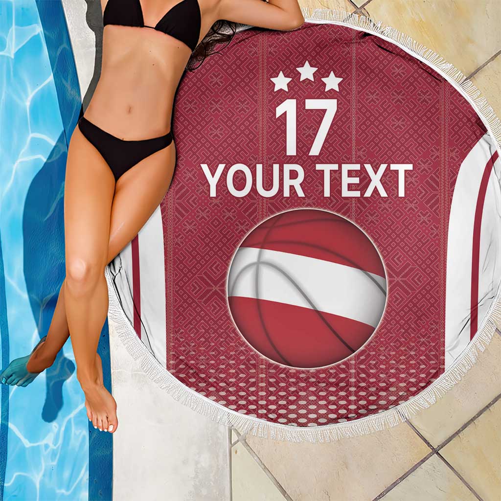 Latvia Basketball Custom Beach Blanket Red Latvian Pattern