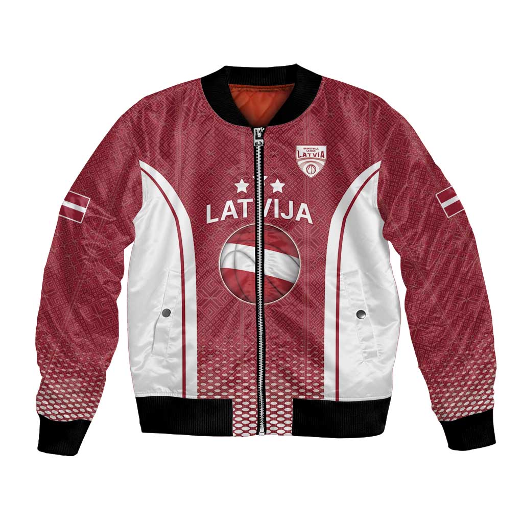 Latvia Basketball Custom Bomber Jacket Red Latvian Pattern