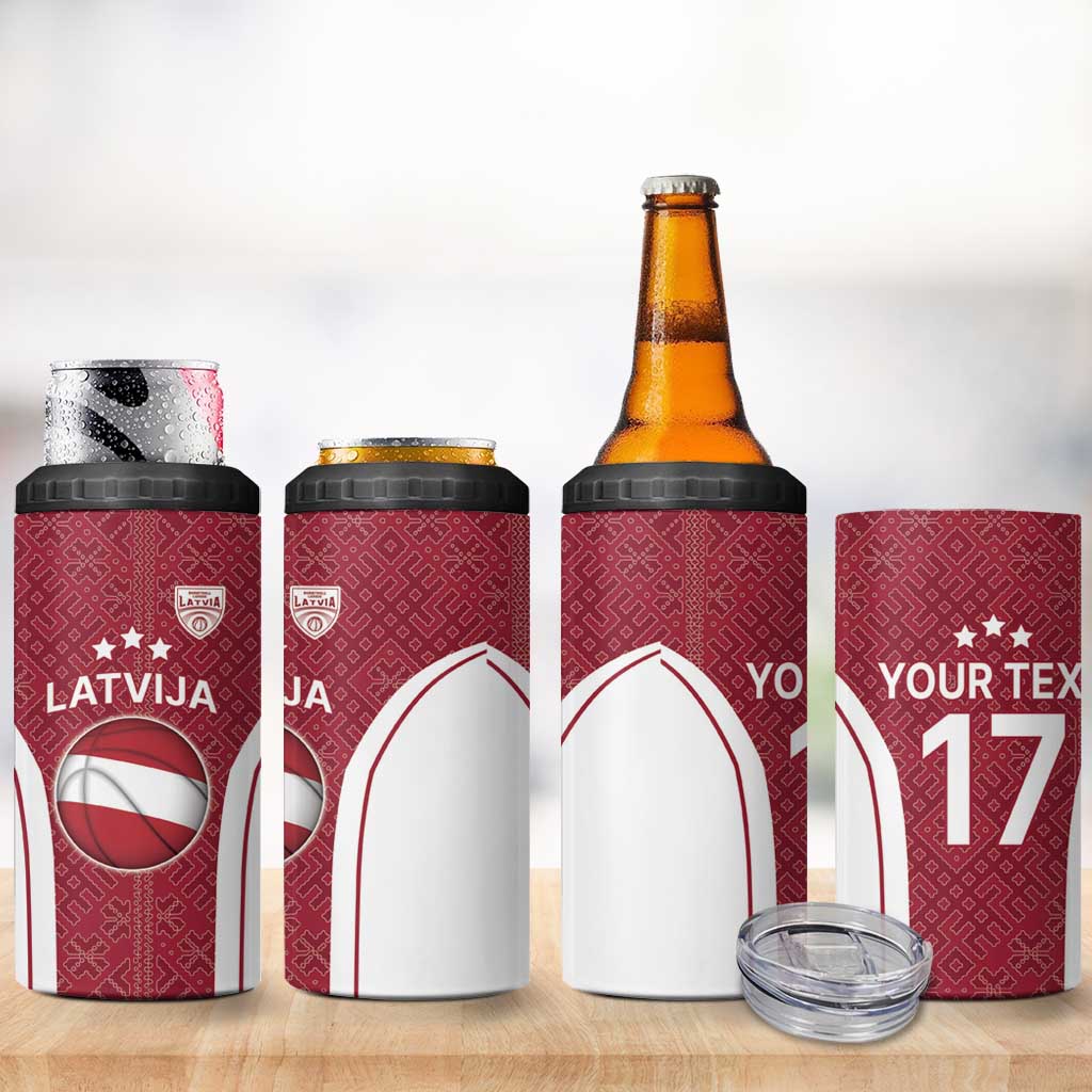 Latvia Basketball Custom 4 in 1 Can Cooler Tumbler Red Latvian Pattern