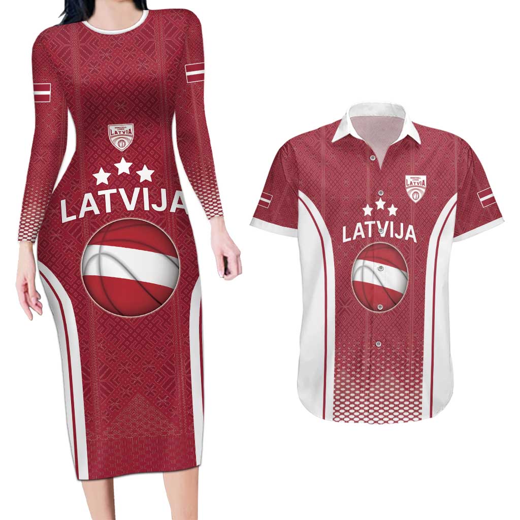 Latvia Basketball Custom Couples Matching Long Sleeve Bodycon Dress and Hawaiian Shirt Red Latvian Pattern
