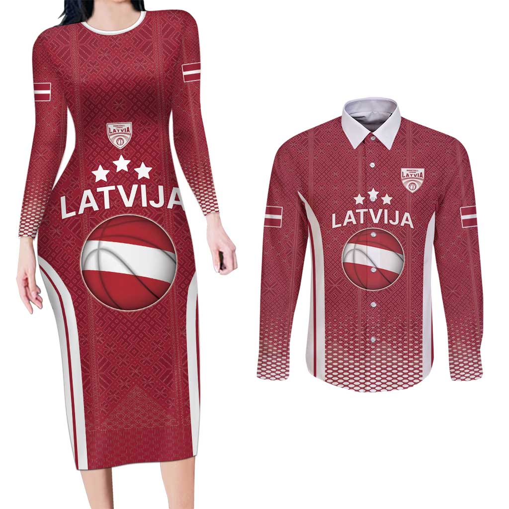 Latvia Basketball Custom Couples Matching Long Sleeve Bodycon Dress and Long Sleeve Button Shirt Red Latvian Pattern