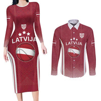Latvia Basketball Custom Couples Matching Long Sleeve Bodycon Dress and Long Sleeve Button Shirt Red Latvian Pattern