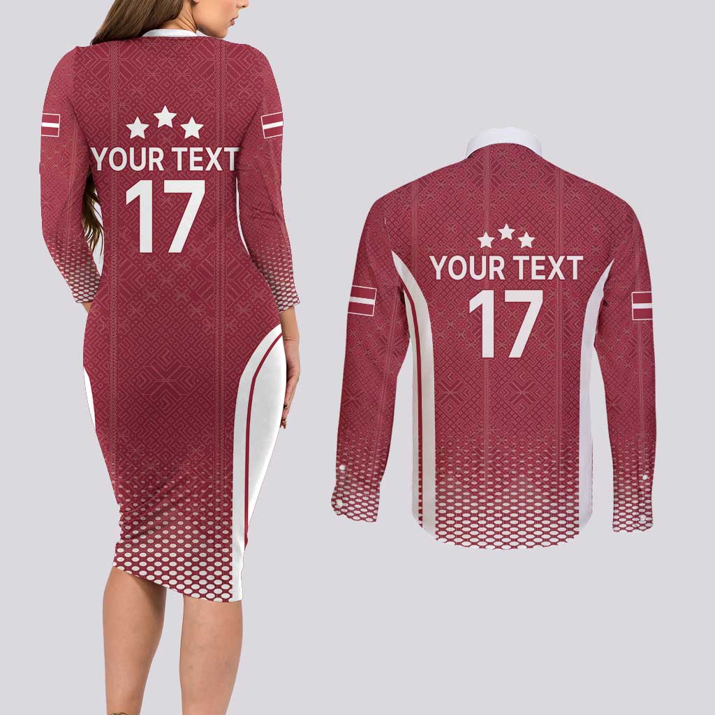Latvia Basketball Custom Couples Matching Long Sleeve Bodycon Dress and Long Sleeve Button Shirt Red Latvian Pattern