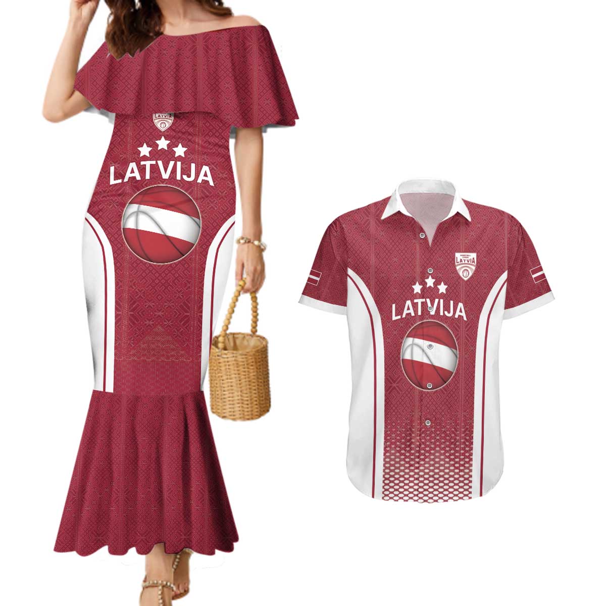 Latvia Basketball Custom Couples Matching Mermaid Dress and Hawaiian Shirt Red Latvian Pattern