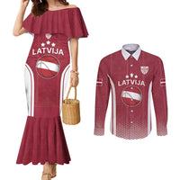 Latvia Basketball Custom Couples Matching Mermaid Dress and Long Sleeve Button Shirt Red Latvian Pattern