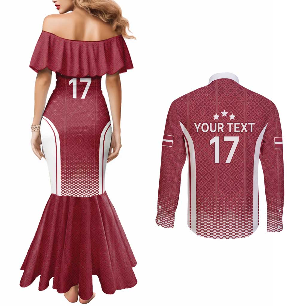 Latvia Basketball Custom Couples Matching Mermaid Dress and Long Sleeve Button Shirt Red Latvian Pattern