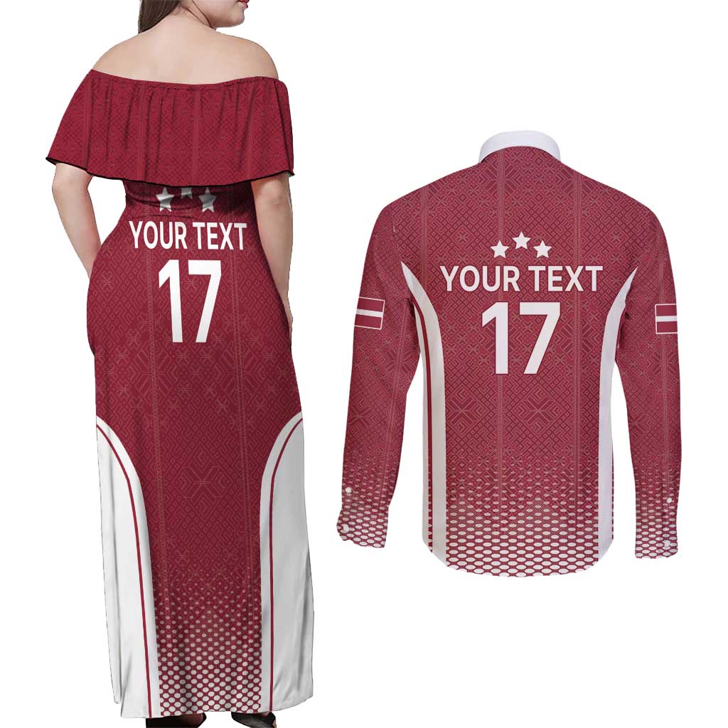 Latvia Basketball Custom Couples Matching Off Shoulder Maxi Dress and Long Sleeve Button Shirt Red Latvian Pattern