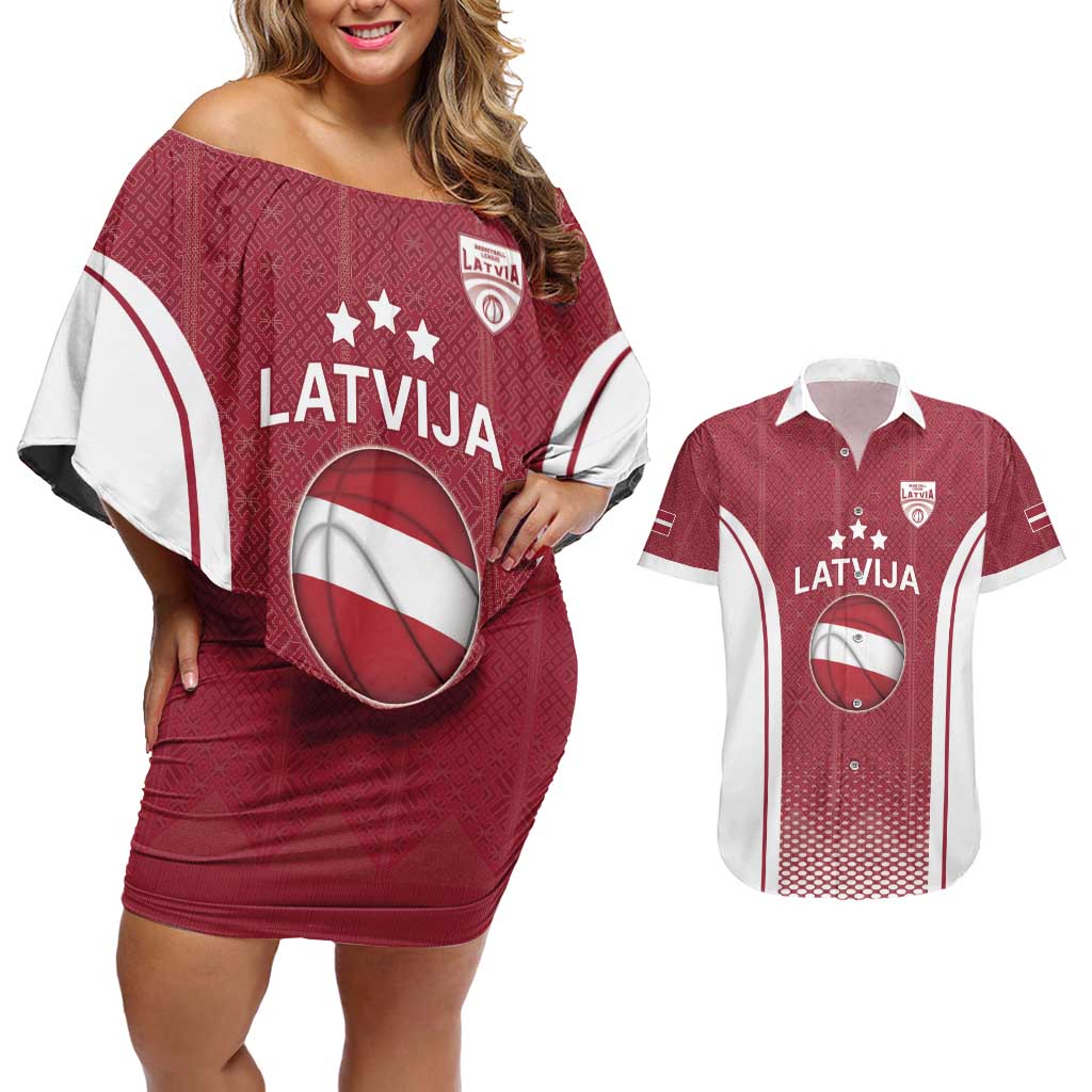 Latvia Basketball Custom Couples Matching Off Shoulder Short Dress and Hawaiian Shirt Red Latvian Pattern