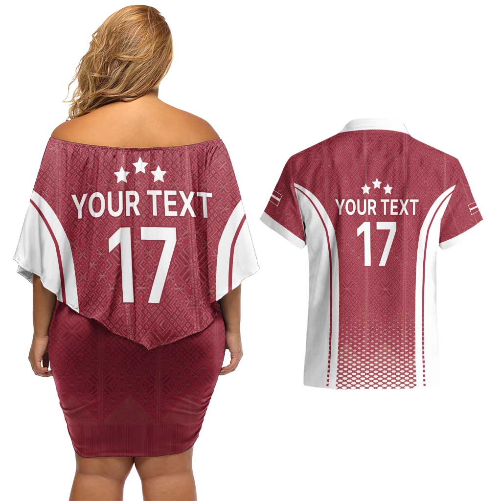 Latvia Basketball Custom Couples Matching Off Shoulder Short Dress and Hawaiian Shirt Red Latvian Pattern