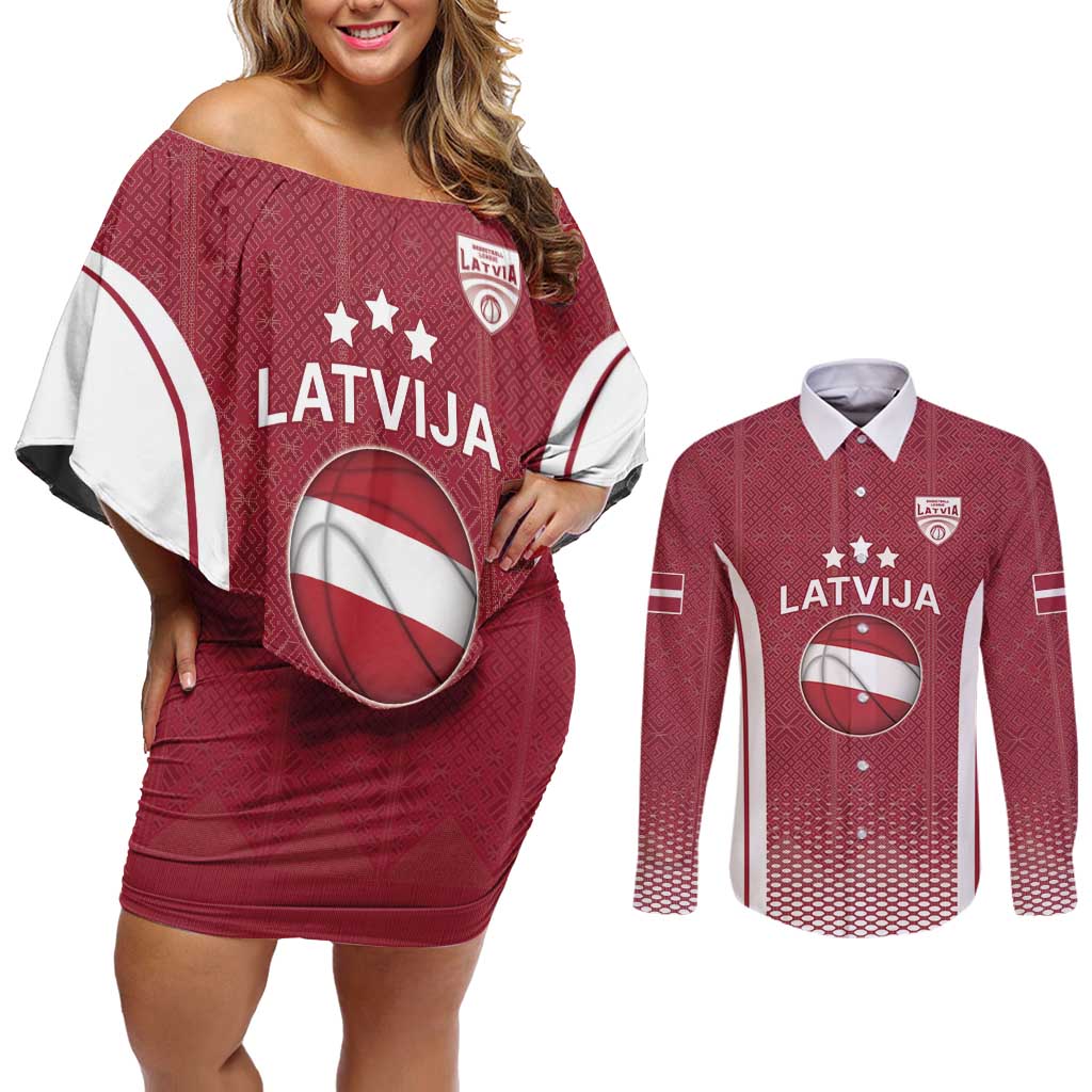 Latvia Basketball Custom Couples Matching Off Shoulder Short Dress and Long Sleeve Button Shirt Red Latvian Pattern