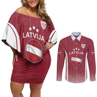 Latvia Basketball Custom Couples Matching Off Shoulder Short Dress and Long Sleeve Button Shirt Red Latvian Pattern
