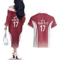 Latvia Basketball Custom Couples Matching Off The Shoulder Long Sleeve Dress and Hawaiian Shirt Red Latvian Pattern