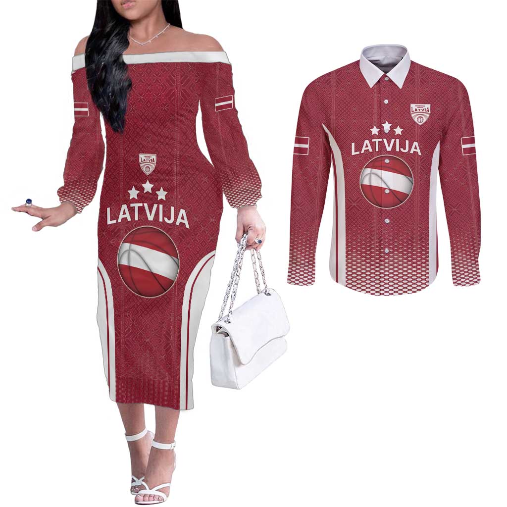 Latvia Basketball Custom Couples Matching Off The Shoulder Long Sleeve Dress and Long Sleeve Button Shirt Red Latvian Pattern
