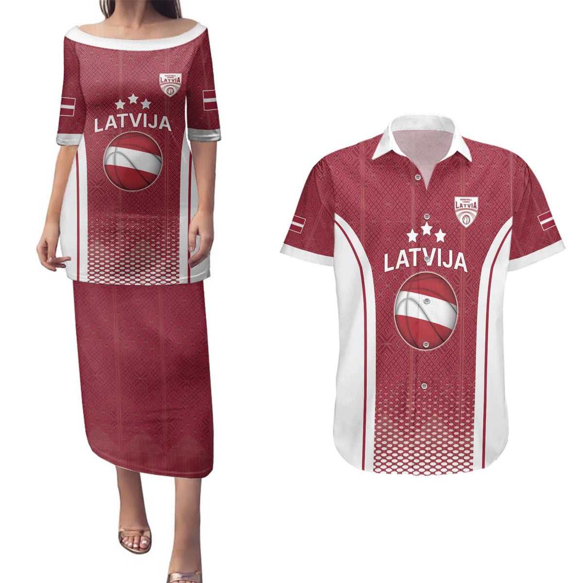 Latvia Basketball Custom Couples Matching Puletasi and Hawaiian Shirt Red Latvian Pattern
