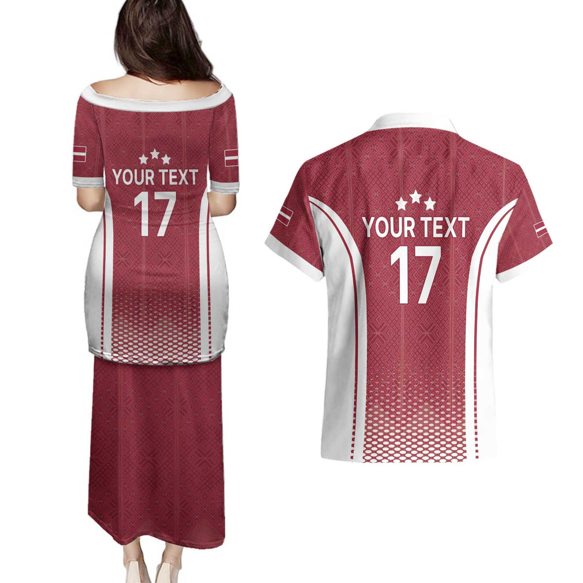 Latvia Basketball Custom Couples Matching Puletasi and Hawaiian Shirt Red Latvian Pattern