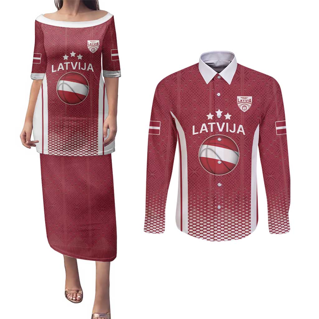 Latvia Basketball Custom Couples Matching Puletasi and Long Sleeve Button Shirt Red Latvian Pattern