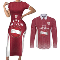 Latvia Basketball Custom Couples Matching Short Sleeve Bodycon Dress and Long Sleeve Button Shirt Red Latvian Pattern