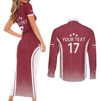Latvia Basketball Custom Couples Matching Short Sleeve Bodycon Dress and Long Sleeve Button Shirt Red Latvian Pattern