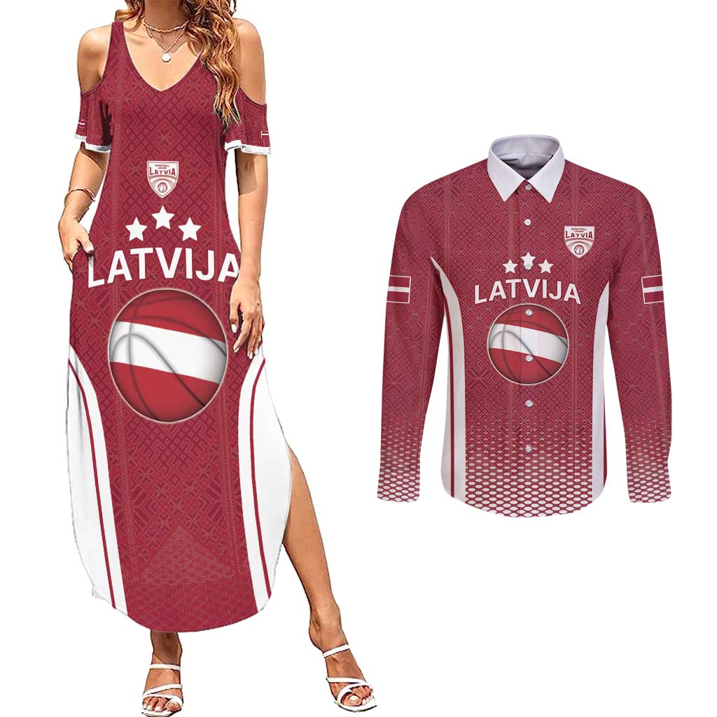 Latvia Basketball Custom Couples Matching Summer Maxi Dress and Long Sleeve Button Shirt Red Latvian Pattern