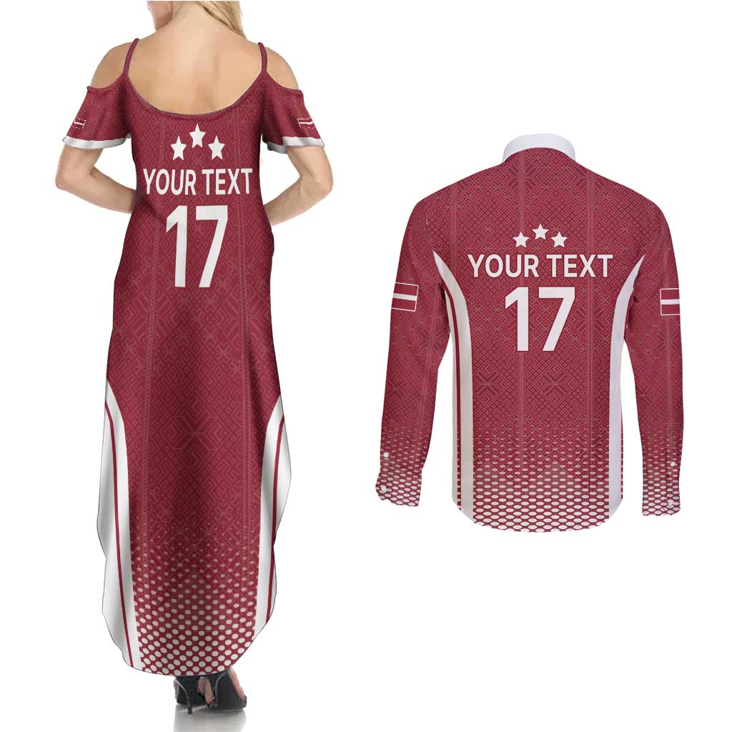 Latvia Basketball Custom Couples Matching Summer Maxi Dress and Long Sleeve Button Shirt Red Latvian Pattern