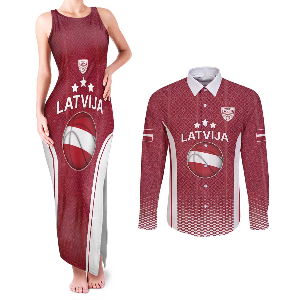 Latvia Basketball Custom Couples Matching Tank Maxi Dress and Long Sleeve Button Shirt Red Latvian Pattern