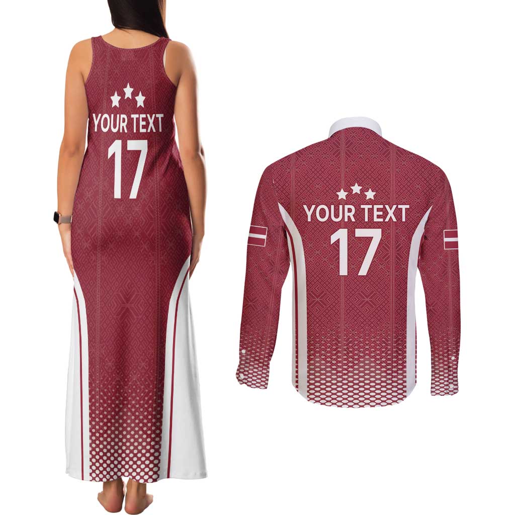 Latvia Basketball Custom Couples Matching Tank Maxi Dress and Long Sleeve Button Shirt Red Latvian Pattern