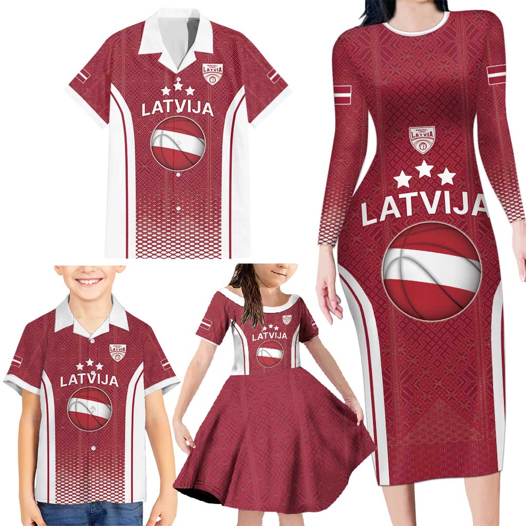 Latvia Basketball Custom Family Matching Long Sleeve Bodycon Dress and Hawaiian Shirt Red Latvian Pattern