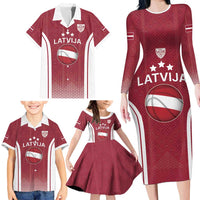 Latvia Basketball Custom Family Matching Long Sleeve Bodycon Dress and Hawaiian Shirt Red Latvian Pattern